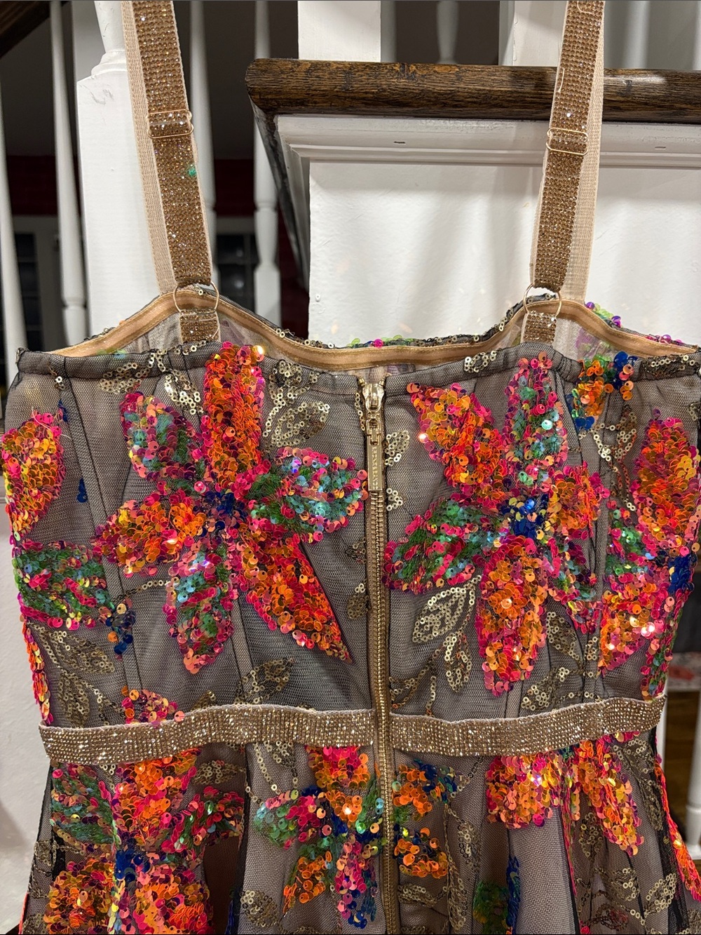 Bronx and Banco Brown Mini Dress with Multicolor Sequin Floral Embroidery - Picture 6 of 16
